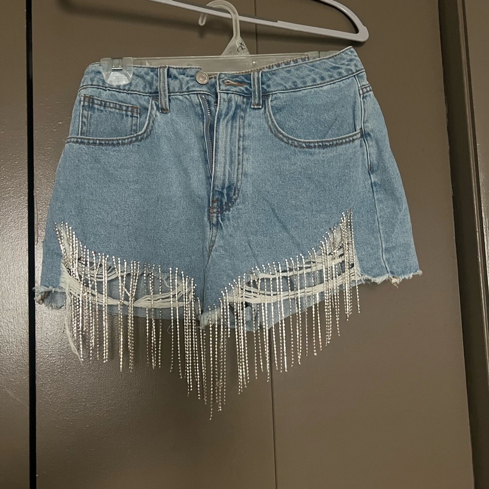 Forever 21 Blue Jean Shorts with Fringe